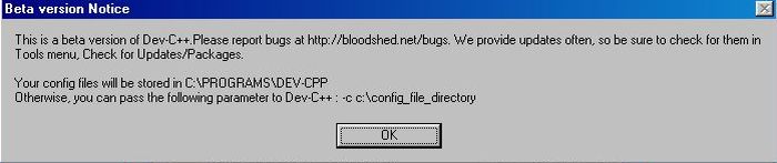 Dev-C++ on Windows 98: First run of the IDE - Beta version notice