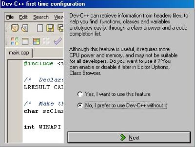 Dev-C++ on Windows 98: First run of the IDE - Choosing to use or not the class browser and code completion feature