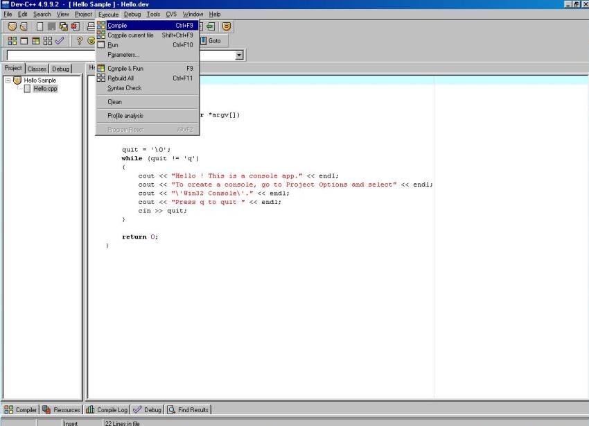 Dev-C++ on Windows 98: Building the 'Hello Sample' project