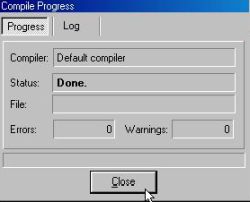 Dev-C++ on Windows 98: 'Compile Progress' window showing that the build terminated without errors and warnings