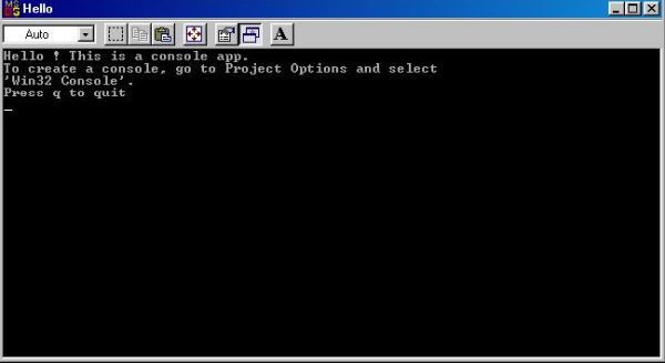 Dev-C++ on Windows 98: Successful execution of the 'Hello Sample' program