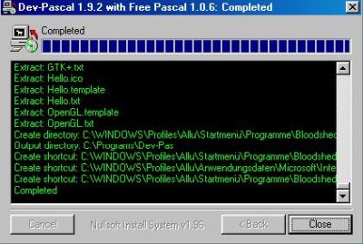 Dev-Pascal on Windows 98: Successful installation