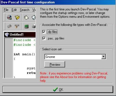 Dev-Pascal on Windows 98: First run configuration