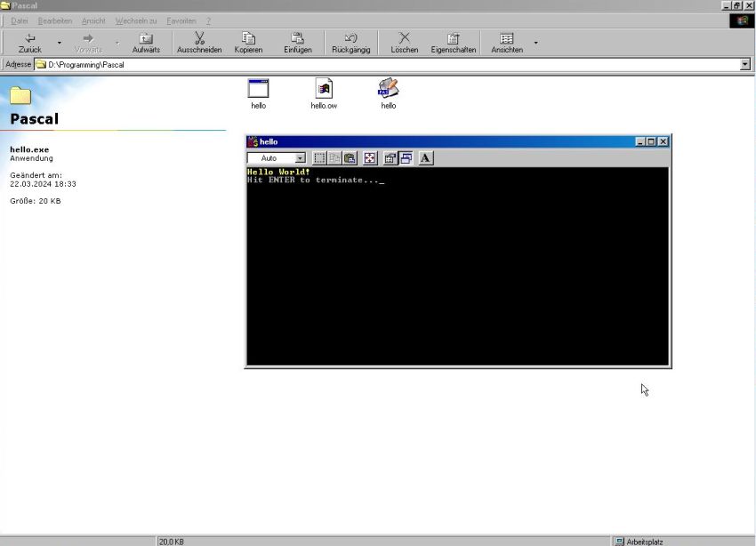 Dev-Pascal on Windows 98: Successful execution of a simple 'Hello World' program with Crt unit