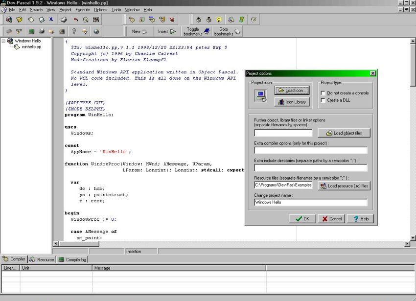 Dev-Pascal on Windows 98: Building the 'Windows Hello' sample GUI application