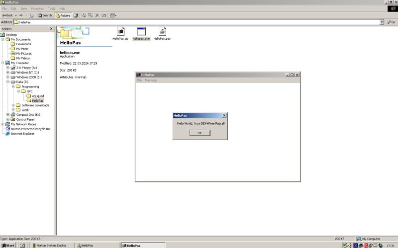Dev+GNU Pascal on Windows 2000: Running a simple Windows GUI application