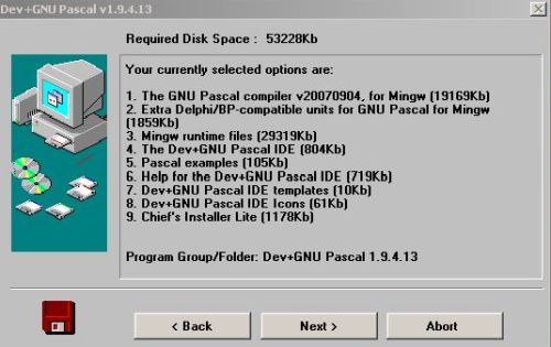 Dev+GNU Pascal on Windows 2000: Installation - Components selected to be installed