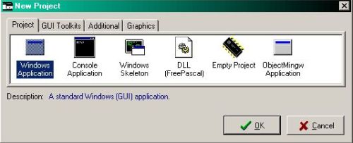Dev+GNU Pascal on Windows 2000: Creating a new 'Windows application' project