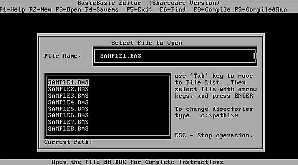BasicBasic on MS-DOS 6.22: BBE 'file open' dialog box