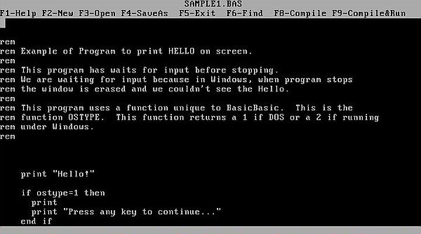 BasicBasic on MS-DOS 6.22: BasicBasic sample source file opened in BBE editor