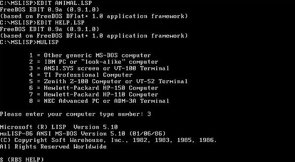 Microsoft LISP on FreeDOS: Selecting your computer system