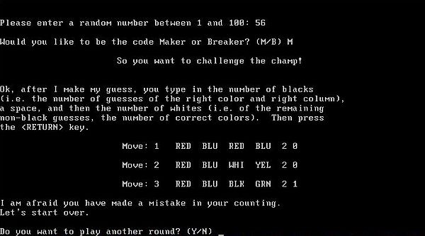 Microsoft LISP on FreeDOS: METAMIND.LSP - A Microsoft LISP version of Mastermind
