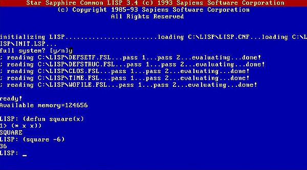 Star Sapphire Common LISP on MS-DOS 7.10: Start-up of the application (+ example LISP expression)
