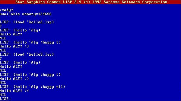 Star Sapphire Common LISP on MS-DOS 7.10: Execution of some formatted text related functions