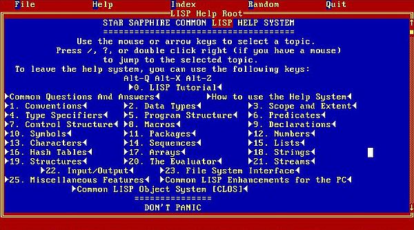 Star Sapphire Common LISP on MS-DOS 7.10: Help system with full mouse support