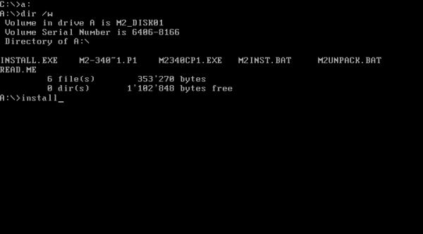 Modula-2 on FreeDOS: Starting the installation from the 'disk01' diskette