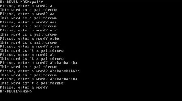 NASM on FreeDOS: Running a 32-bit assembly and C 'Check palindrome' program