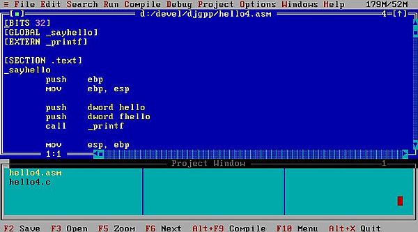 Using RHIDE with NASM 32-bit on FreeDOS: Assembly source file, opened in RHIDE