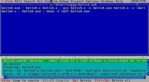 Using RHIDE with NASM 32-bit on FreeDOS: Adding the C and assembly sources to the RHIDE project