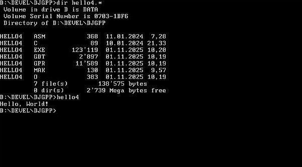Using RHIDE with NASM 32-bit on FreeDOS: Files of a NASM 32-bit RHIDE project, and program execution