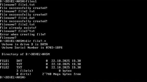 NASM on FreeDOS: Assembly program example - Creating a new file