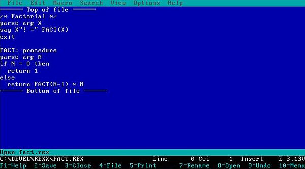 Rexx on PC-DOS 2000: Rexx script, opened in the IBM editor 'E'
