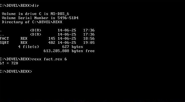 Rexx on PC-DOS 2000: Execution of a script to calculate the factorial of a number