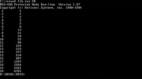 Rexx on FreeDOS: Execution of a script to determine the Fibonacci numbers