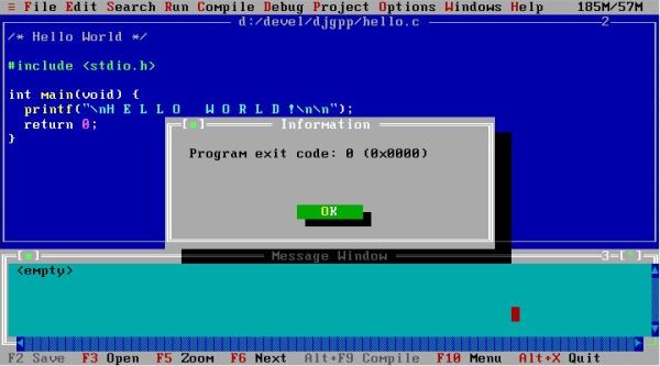 DJGPP on FreeDOS: RHIDE - Successful execution of a C program