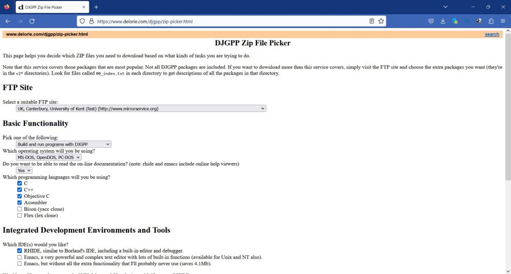 DJGPP on FreeDOS: Components selection using the Delorie Zip File Picker web application [1]
