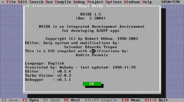 DJGPP on FreeDOS: Rhide - First start-up of the IDE