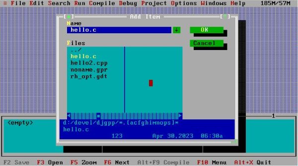 DJGPP on FreeDOS: RHIDE - Adding a C source file to the project
