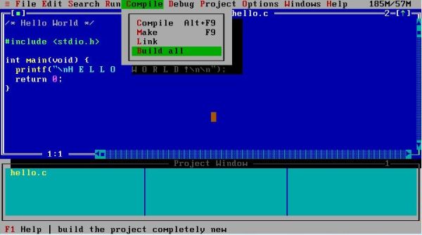 DJGPP on FreeDOS: RHIDE - Project made of a C source file, opened in the editor window