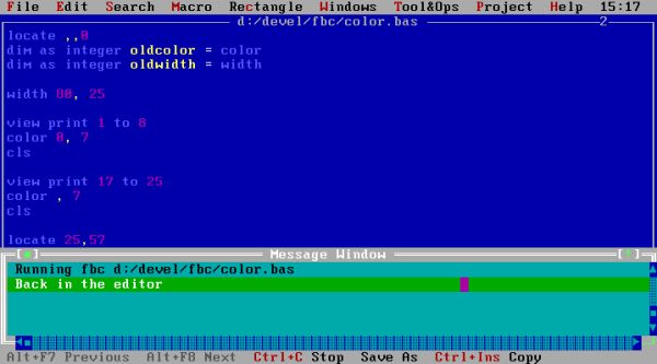FreeBASIC on FreeDOS: SETEdit programmers editor - Successful compilation (no errors displayed in the Messages window)