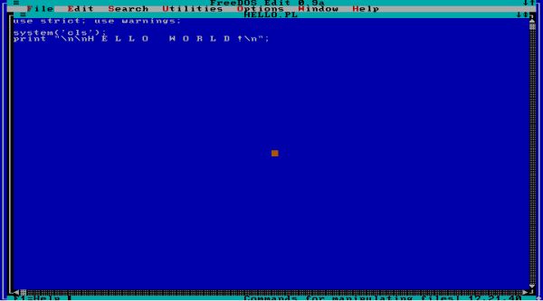 Perl on FreeDOS: 'Hello World' script, opened in the FreeDOS editor