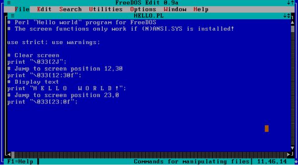Perl on FreeDOS: 'Hello World' script with ANSI escape sequences for screen output