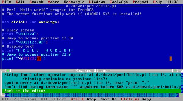 Perl on FreeDOS: SETEdit programmers editor - Perl script with error displayed in the Messages window