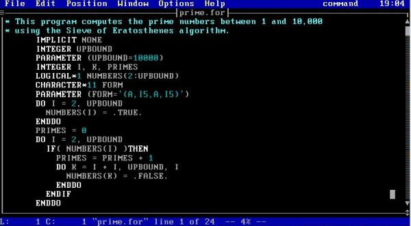 Open Watcom on FreeDOS: Fortran 77 file opened in Open Watcom Vi Editor