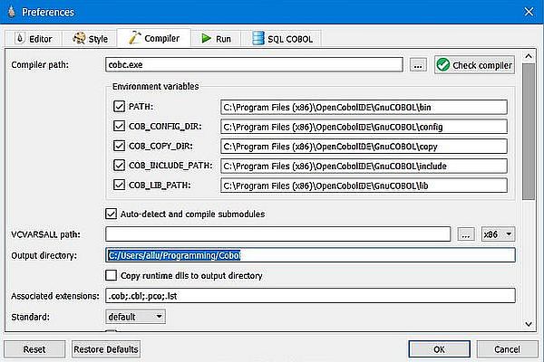 GnuCOBOL on Windows 10 - OpenCobolIDE: Source compilation settings