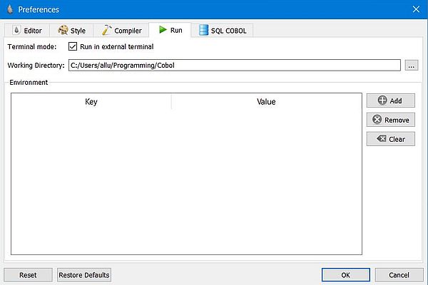 GnuCOBOL on Windows 10 - OpenCobolIDE: Program execution settings