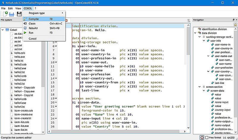 GnuCOBOL on Windows 10 - OpenCobolIDE: Launching the compilation of the source code in the editor window