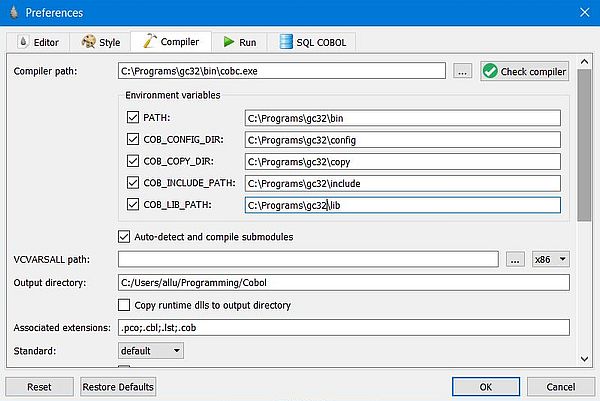 GnuCOBOL on Windows 10 - OpenCobolIDE: Configuring the IDE to use the GnuCOBOL 3.2 compiler [1]