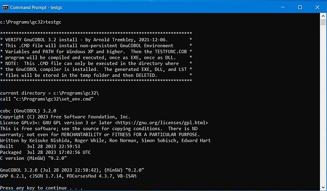 GnuCOBOL on Windows 10 - Running the included test batch file [1]