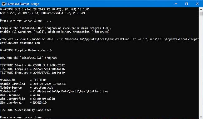 GnuCOBOL on Windows 10 - Running the included test batch file [2]