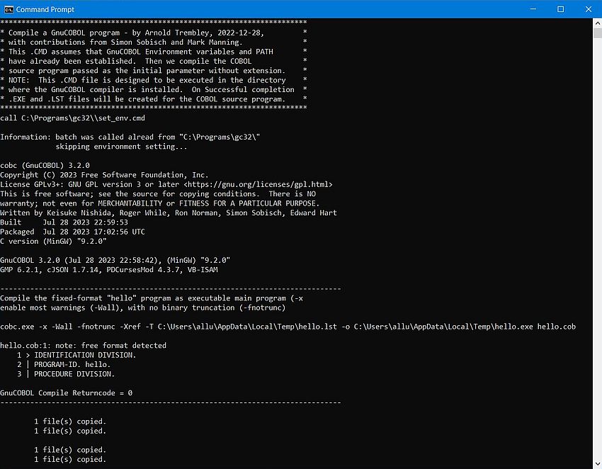 GnuCOBOL on Windows 10 - Building a GnuCOBOL program using a custom batch file