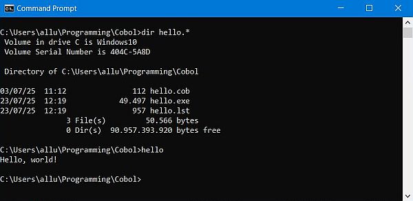 GnuCOBOL on Windows 10 - Running a simple 'Hello World' program
