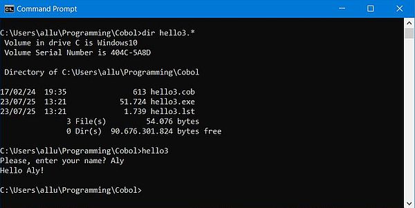 GnuCOBOL on Windows 10 - Running a simple 'Hello User' program