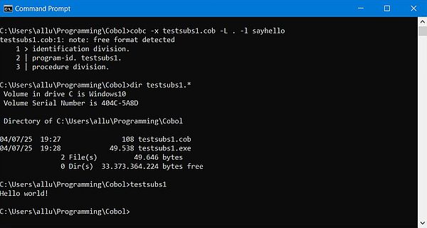 GnuCOBOL on Windows 10 - Building a program calling a subprogram example [2]