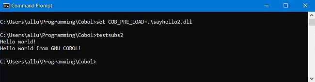 GnuCOBOL on Windows 10 - Running a program calling a subprogram with several entry points