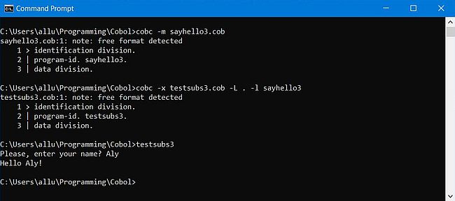 GnuCOBOL on Windows 10 - Building and running a program calling a subprogram with argument passing
